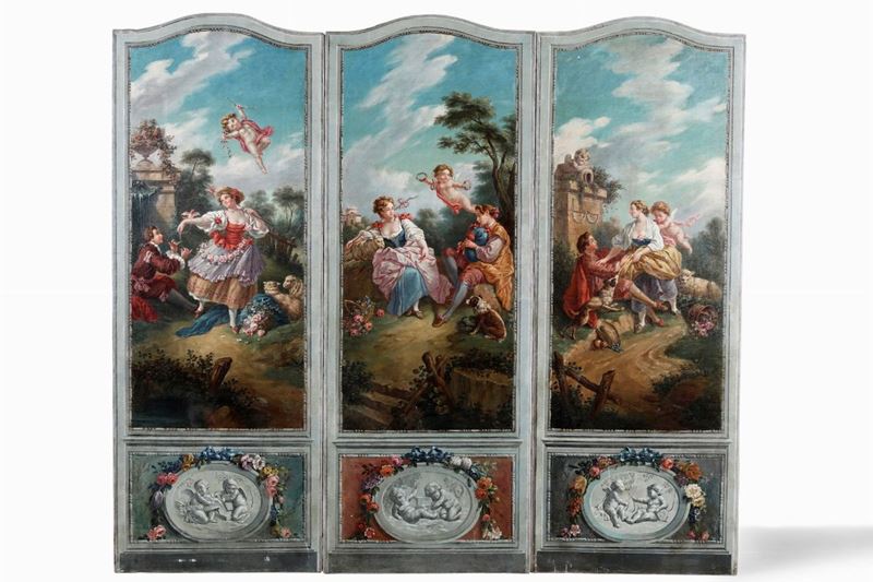 Paravento a tre pannelli dipinti in policromia con scene galanti, XX secolo  - Auction Antiques January | Time Auction - Cambi Casa d'Aste