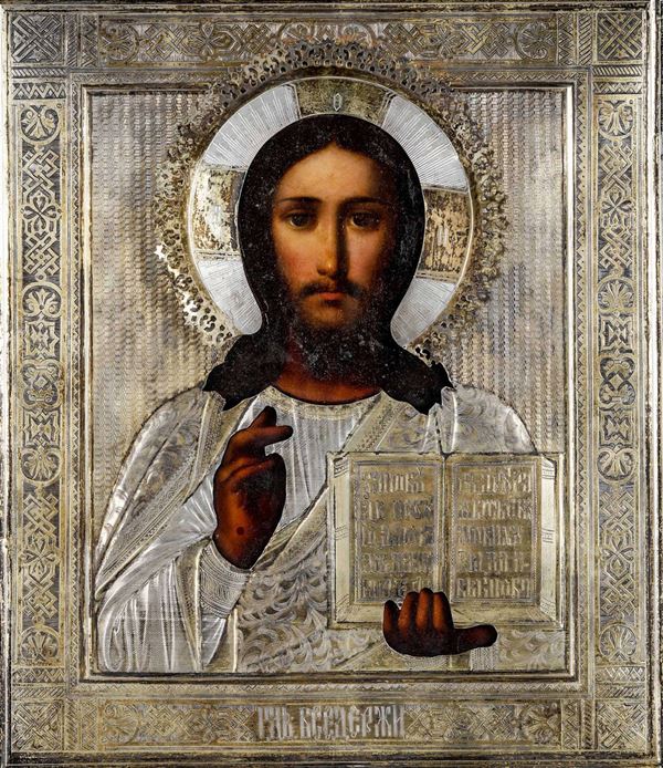 Icona con riza in argento sbalzato, cesellato, niellato e dorato raffigurante Cristo Pantocrator. Mosca ultimo ventennio del XIX secolo