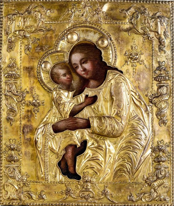 Icona con riza in metallo dorato raffigurante la Deipara con Cristo. Russia XIX secolo
