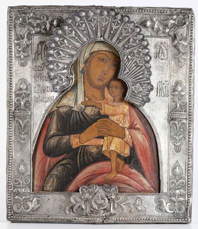 Icona con Riza in Metallo Argentato Raffigurante Vergine con Bambino. Russia XIX-XX Secolo
