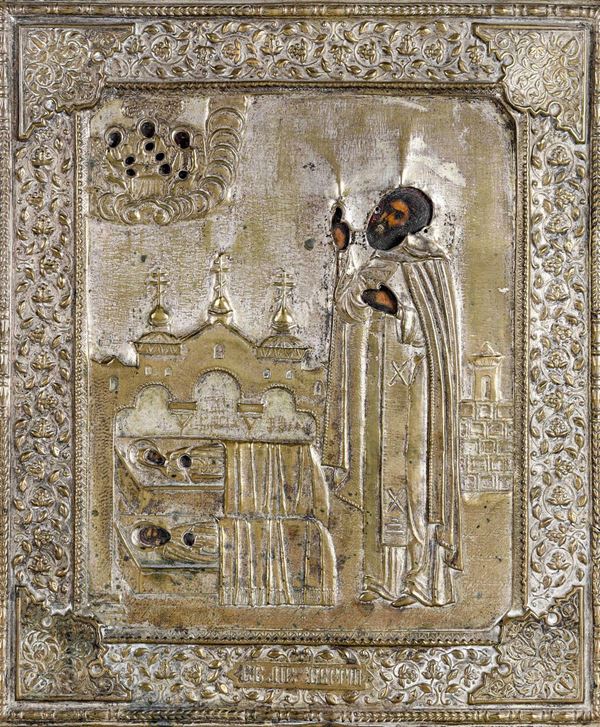 Icona con riza in metallo argentato raffigurante San Serghie di Radonej. Mosca XIX secolo