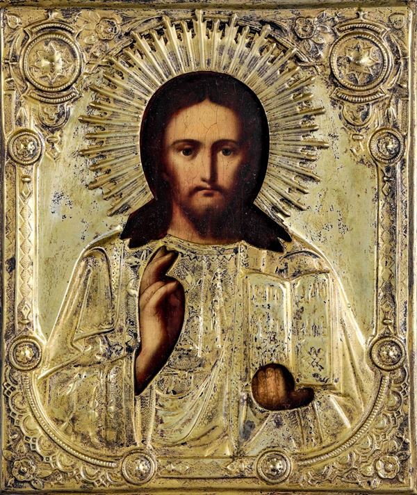 Icona con riza in metallo dorato raffigurante Cristo Pantocrator. Russia XIX-XX secolo