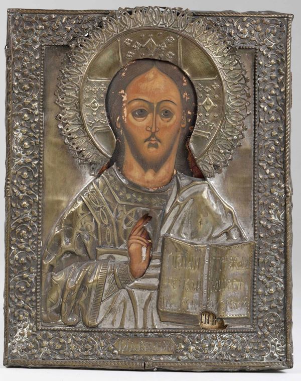 Icona con riza in metallo dorato raffigurante Cristo Pantocrator. Russia XIX-XX secolo