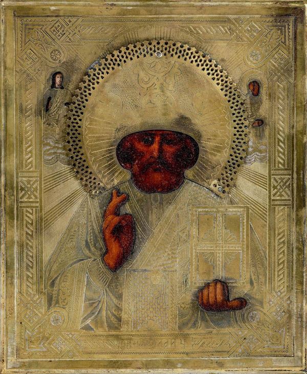 Icona con riza in metallo dorato raffigurante San Nicola. Russia XIX-XX secolo