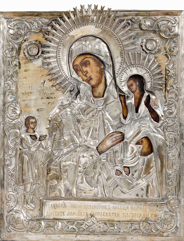 Icona con riza in metallo dorato raffigurante Vergine con Bambino. Russia XIX-XX secolo