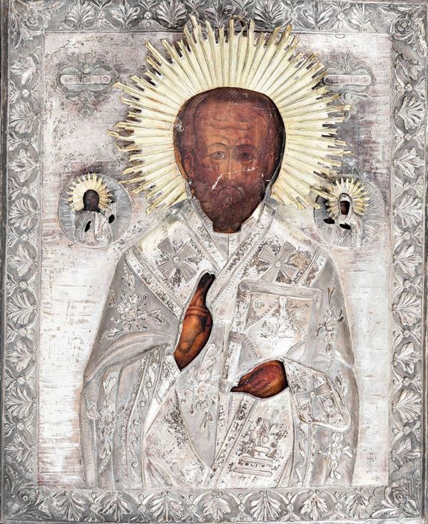 Icona con riza in metallo argentato raffigurante San Nicola. Russia XIX-XX secolo