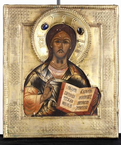 Icona con Riza in Metallo Dorato e Pietre Cabochon Raffigurante Cristo Pantocrator. Russia XIX-XX...
