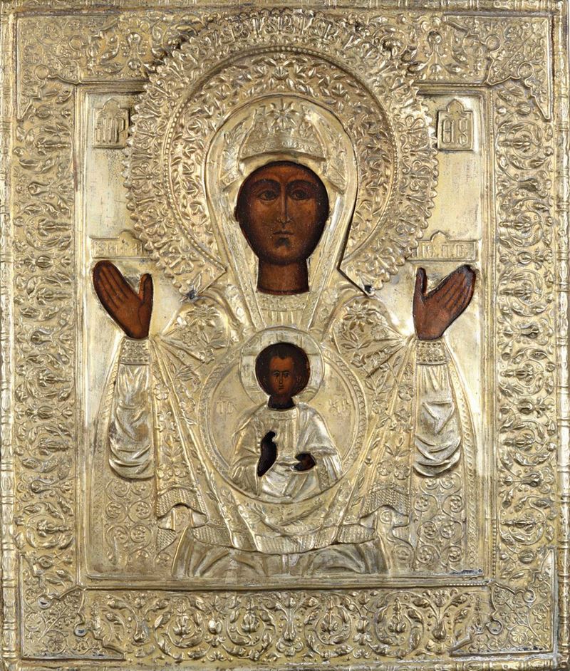 Icona con riza in metallo dorato raffigurante Madre di Dio nel segno. Russia XIX-XX secolo  - Asta Argenti da Collezione - Antichi - I - Cambi Casa d'Aste