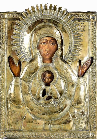 Icona con Riza in Metallo Dorato Raffigurante Madre di Dio nel Segno. Russia XIX-XX Secolo