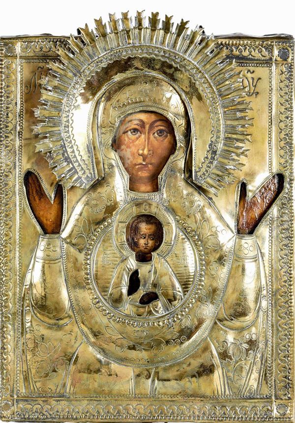 Icona con riza in metallo dorato raffigurante Madre di Dio nel segno. Russia XIX-XX secolo