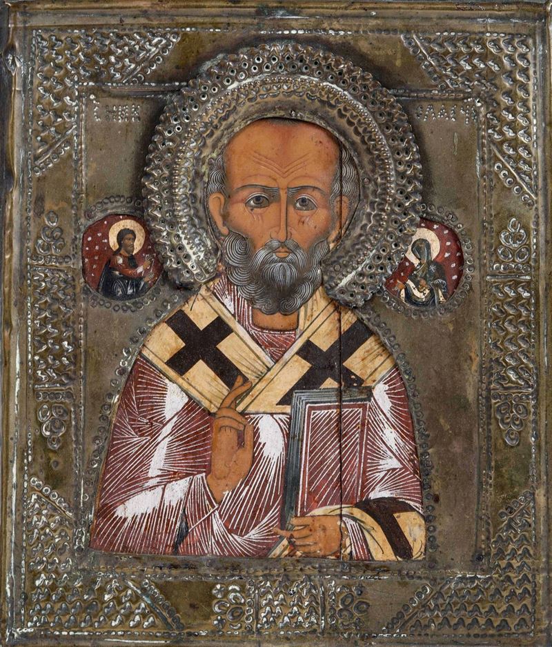 Icona con riza in metallo raffigurante San Nicola. Mosca XIX-XX secolo  - Asta Argenti da Collezione - Antichi - I - Cambi Casa d'Aste