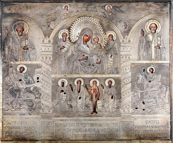 Icona con riza in argento sbalzato e cesellato raffigurante la protezione della Vergine. Mosca ultimo ventennio del XIX secolo