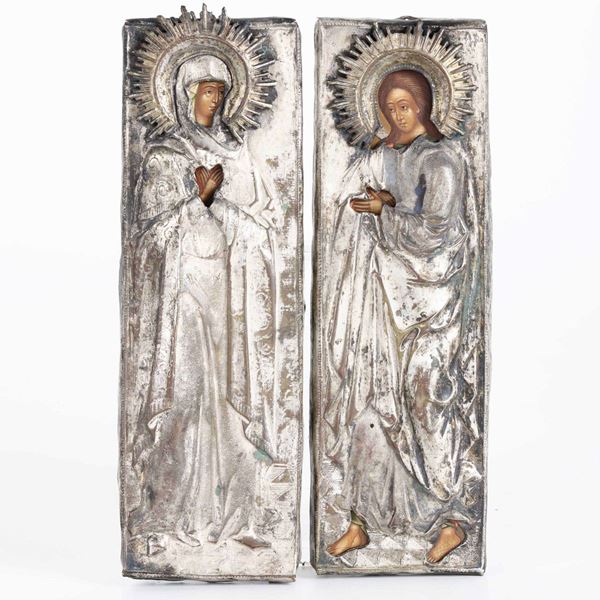 Due piccole icone con riza in metallo argentato raffiguranti Maria Maddalena e S.Giovanni. Russia XIX-XX secolo