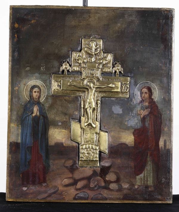 Icona con crocifissione in bronzo fuso e dorato. Scuola russa XIX secolo.