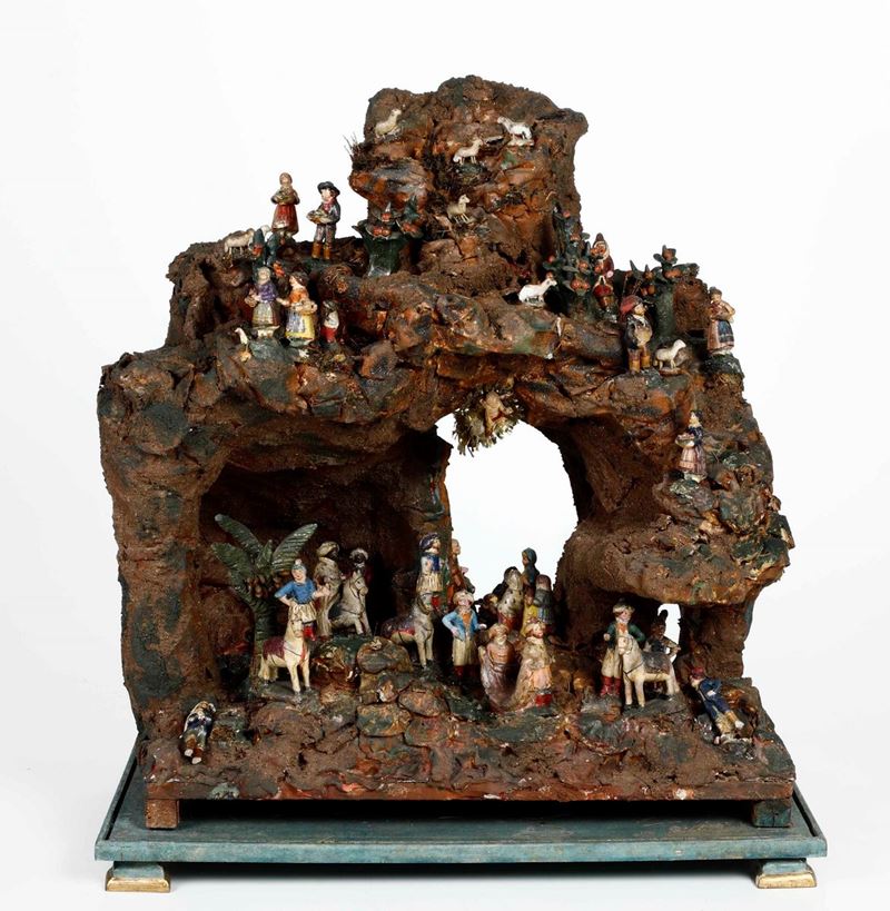 Scoglio in sughero con figure e animali da presepe in terracotta.  Napoli XIX secolo  - Auction Neapolitan crib | Cambi Time - I - Cambi Casa d'Aste
