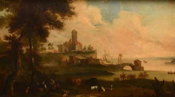 Scuola italiana del XVIII secolo Paesaggio con fortezza