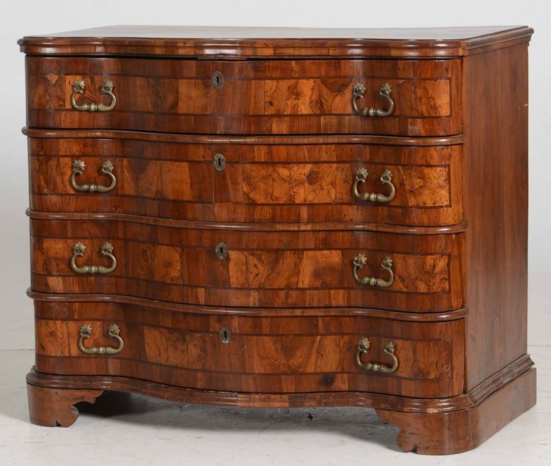 Comò in legno lastronato a quattro cassetti, fine XVIII secolo  - Auction Antiques January | Time Auction - Cambi Casa d'Aste