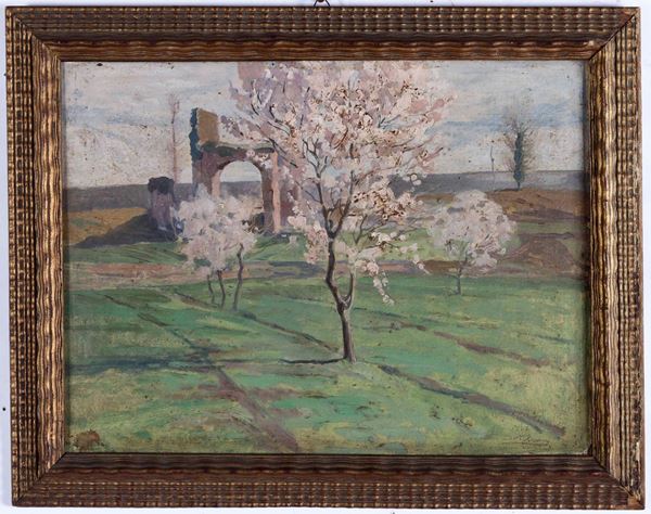 Enrico Ortolani (1883-1972) Paesaggio con albero in fiore e architetture