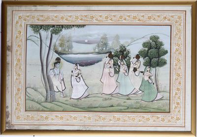 Dipinto Moghul Raffigurante Fanciulle e Divinità, Persia, XIX Secolo
