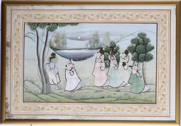 Dipinto Moghul raffigurante fanciulle e divinità, Persia, XIX secolo