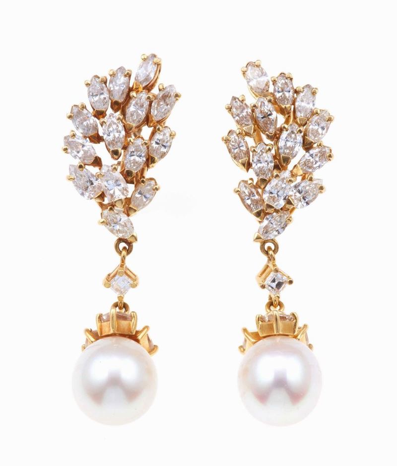 Orecchini pendenti con diamanti e perle coltivate  - Asta Fine Jewels - Cambi Casa d'Aste