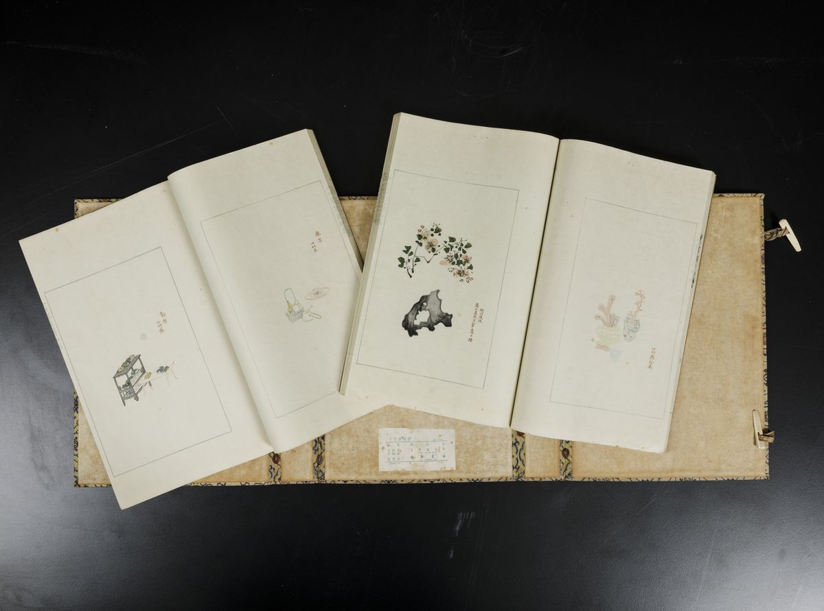 Coppia di Libri Entro Custodia Contenenti Dipinti su Carta a Soggetto Naturalistico, Cina, Dinast...