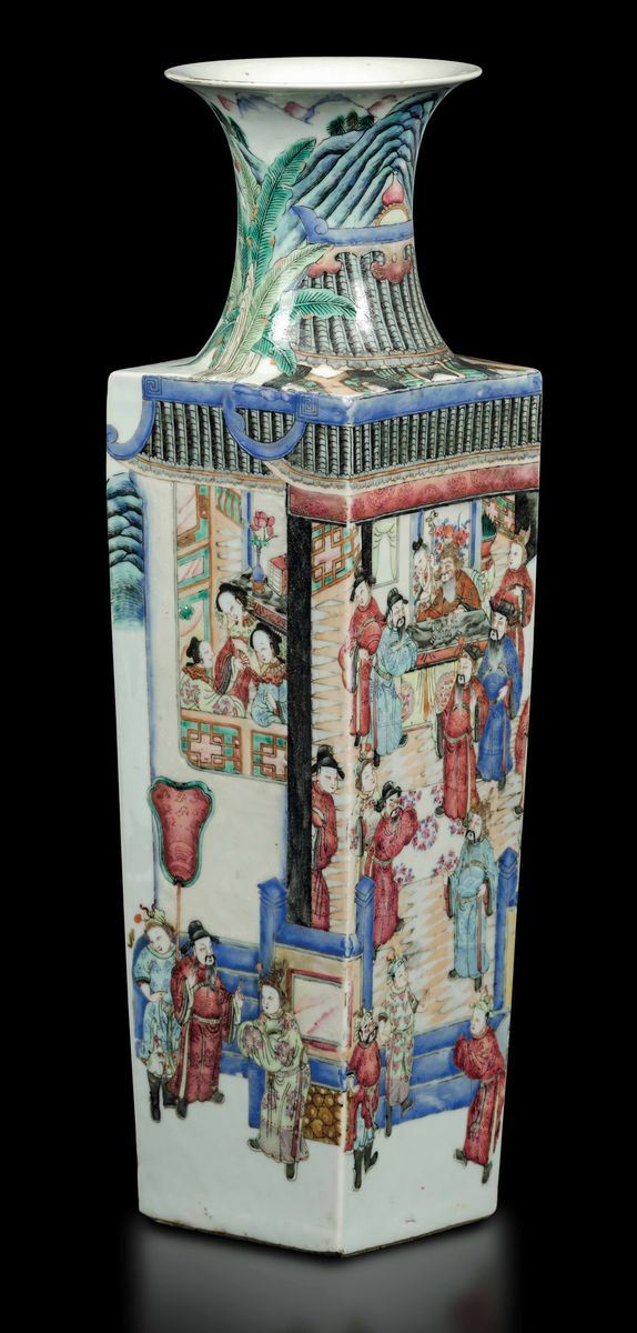 Vaso a sezione quadrata in porcellana Famiglia Rosa con scene di vita di corte, Cina, Dinastia Qing, epoca Guangxu (1875-1908)