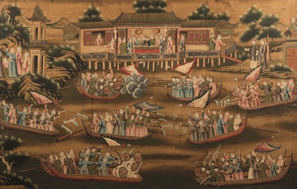 A painting on paper, China, Canton, Qing Dynasty 1800s. Within a Venetian lacquered frame
