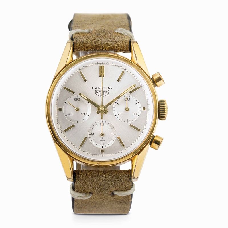 HEUER - Raro Carrera, laminato oro, cronografo a carica manuale cal.Valjoux 72, circa 1963  - Auction Watches and Pocket Watches - Cambi Casa d'Aste