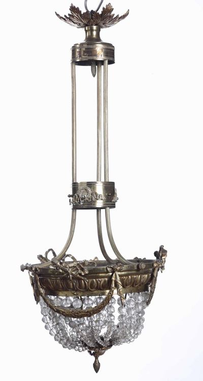 Lampadario in Metallo Dorato e Cristalli, XX Secolo