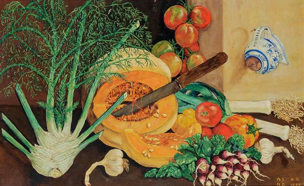 Anna Aleksandrovna Svedomskaja (1898-1973) Natura morta con pomodori e zucche, 1929