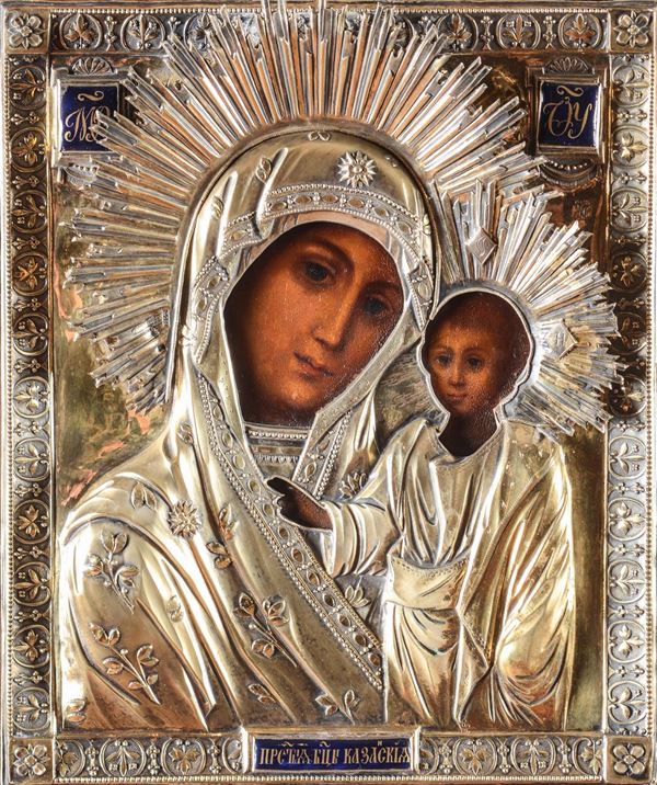 La Vergine di Kazan. Riza in argento, sbalzato, cesellato. Traforato e smalti. Scuola russa XIX secolo