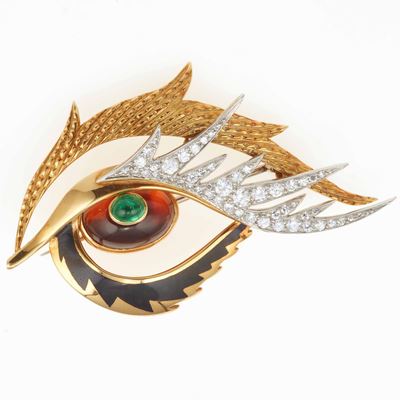 Cartier. Spilla con Diamanti, Smeraldo, Quarzo e Smalto Nero