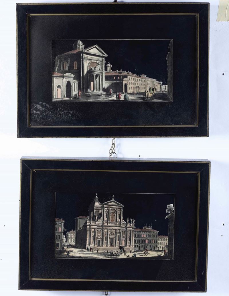 Coppia di vetrofanie con vedute di Roma.  - Auction Antique July | Cambi Time - Cambi Casa d'Aste