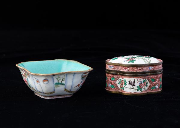 Lotto composto da ciotola in porcellana e scatolina in smalto, Cina, Dinastia Qing, XIX secolo