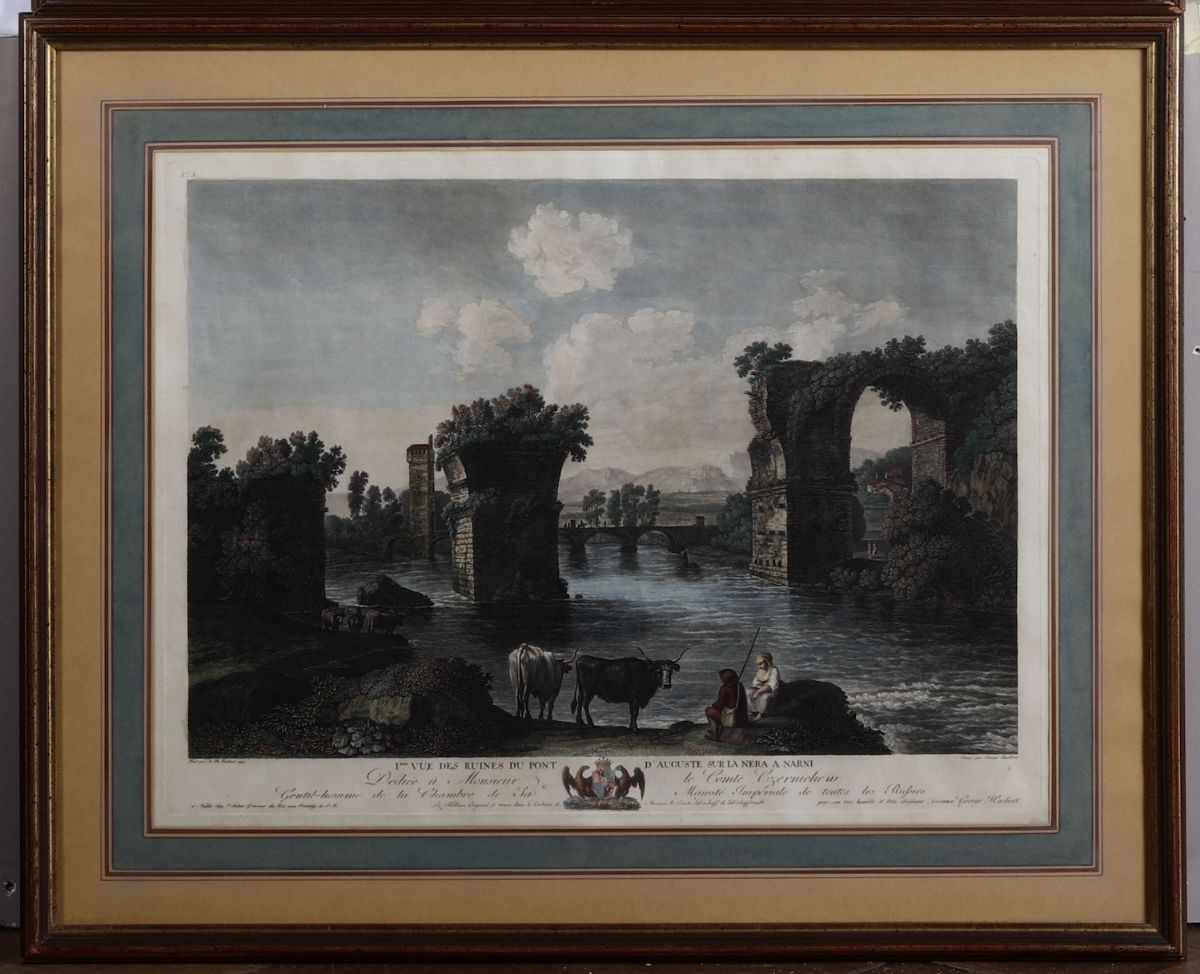Coppia di Incisioni Acquerellate Raffiguranti le Rovine di Narni, XVIII Secolo