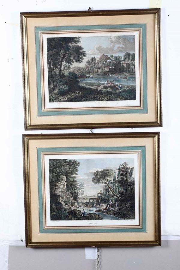 Coppia di Incisioni acquerellate. XVIII secolo Paesaggi con armenti.