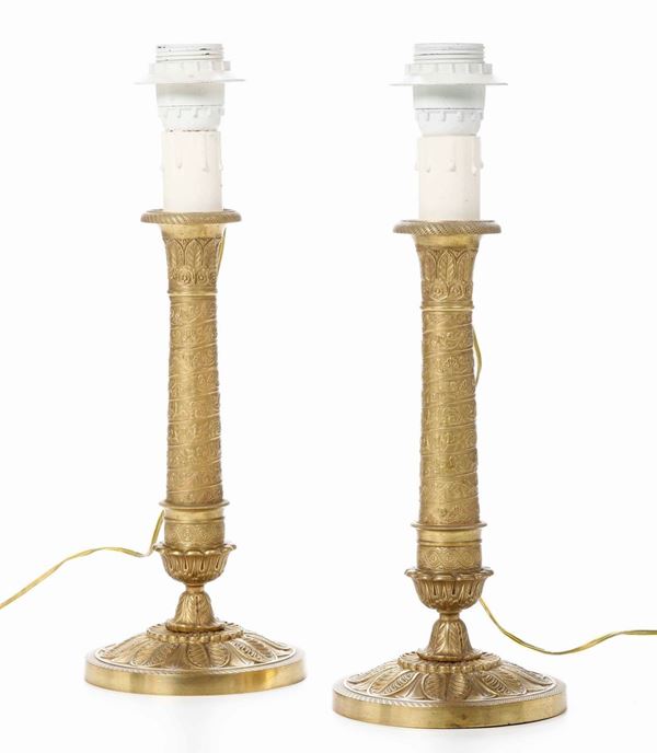 Coppia di candelieri in bronzo dorato Carlo X, XIX secolo