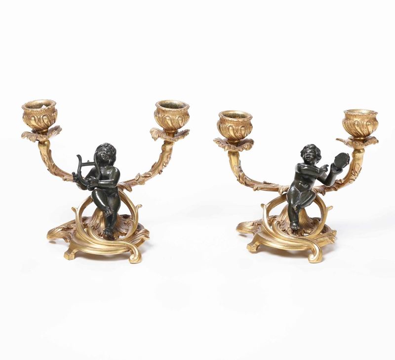 Coppia di doppieri in bronzo patinato e bronzo dorato, XIX secolo  - Auction Sculptures and Works of Art | Cambi Time - Cambi Casa d'Aste