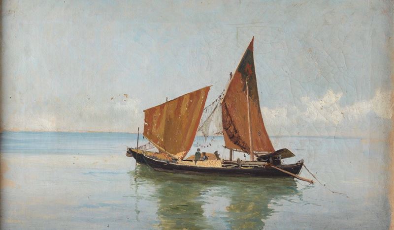 Pietro Barucci : Pietro Barucci (1845 - 1917), attr. Laguna con imbarcazione  - Asta Dipinti del XIX e XX Secolo - Cambi Casa d'Aste