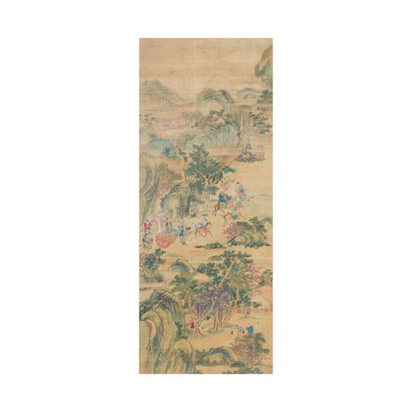 Painting depicting mountain landscape with scenes of everyday life, China, Qing Dynasty, 19th century