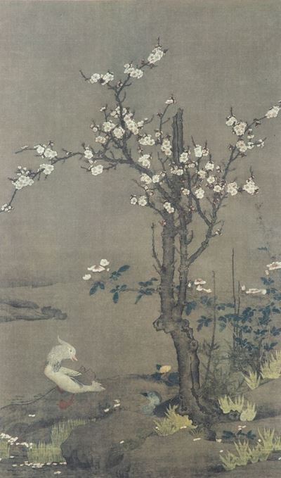 Dipinto su Seta Raffigurante Paesaggio con Anatra e Albero Fiorito, Cina, Dinastia Qing, XIX Seco...
