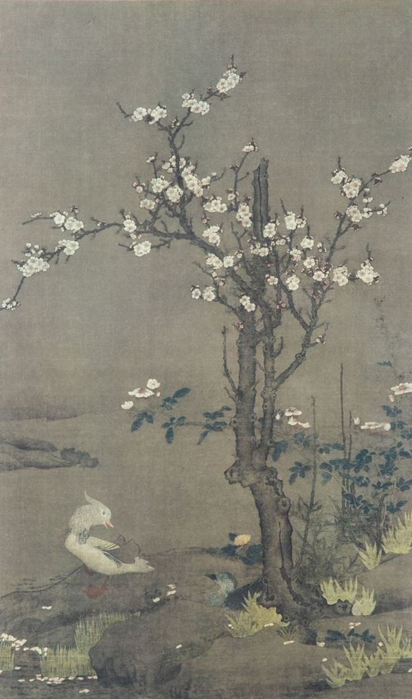 Dipinto su seta raffigurante paesaggio con anatra e albero fiorito, Cina, Dinastia Qing, XIX secolo
