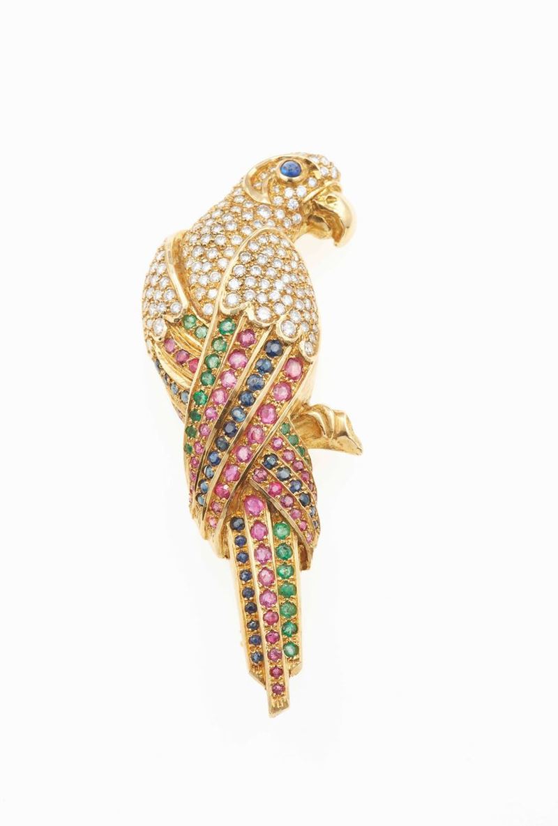 Spilla pappagallo con diamanti, zaffiri, rubini e smeraldi  - Asta Fine Jewels - Cambi Casa d'Aste