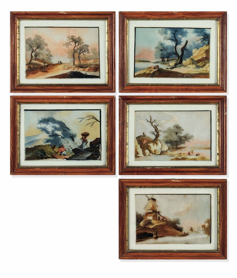 Scuola veneta del XVIII-XIX secolo Paesaggi agresti  - cinque dipinti a olio su vetro - Asta Dipinti Antichi - Cambi Casa d'Aste