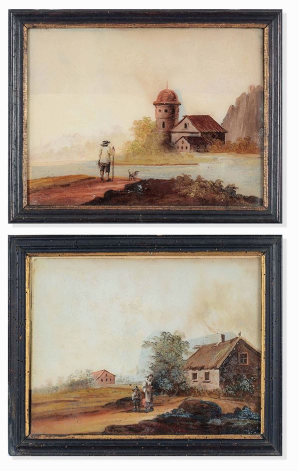 Due paesaggi agresti Arte veneta del XVIII-XIX secolo Dipinti su vetro entro cornici in legno modanato, ebanizzato e dorato