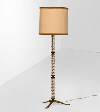 Lampada da Terra con Struttura in Ottone, Metallo e Vetro di Murano. Diffusore in Tessuto.