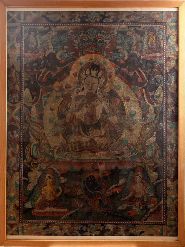 Thanhka su seta con Buddha centrale in Yab-Yum e altre divinità, Tibet, XIX secolo