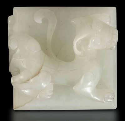 Sigillo in Giada Bianca con Figura di Drago a Rilievo, Cina, Dinastia Qing, XIX Secolo