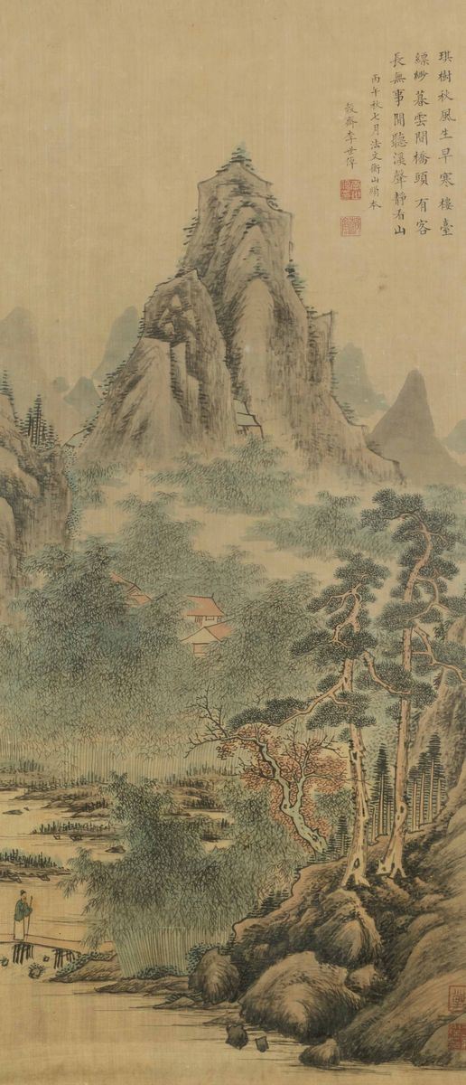 Dipinto su seta raffigurante paesaggio montano con iscrizione, Cina, Dinastia Qing, XIX secolo